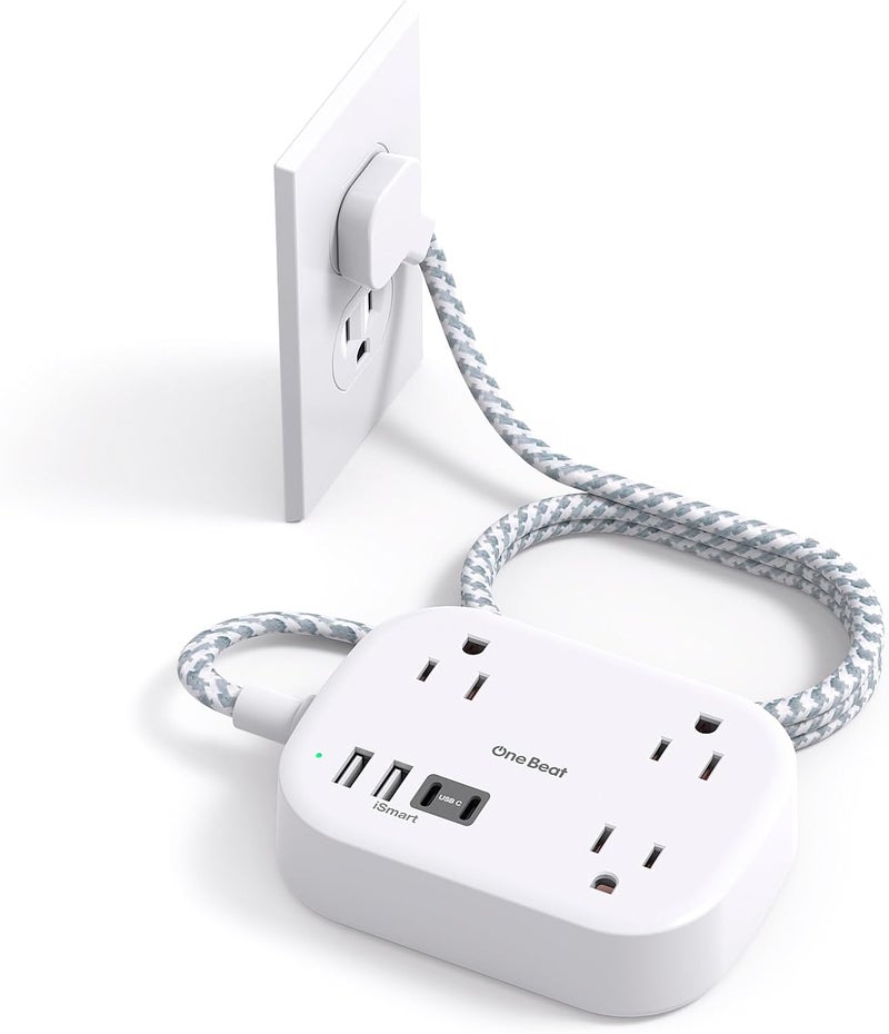 One Beat Cruise Essentials 2025, Travel Power Strip with USB C,Flat Plug Extension Cord with 3 Outlets 4 USB Ports(2 USB C),5 ft Desk Wall Outlet Extender,Non Surge Protector for Cruise,Dorm Room,ETL - Image 1
